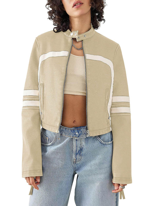 Saodimallsu Women’s Faux Leather Jackets Zip Up Stand Collar Cropped Motocross PU Coats