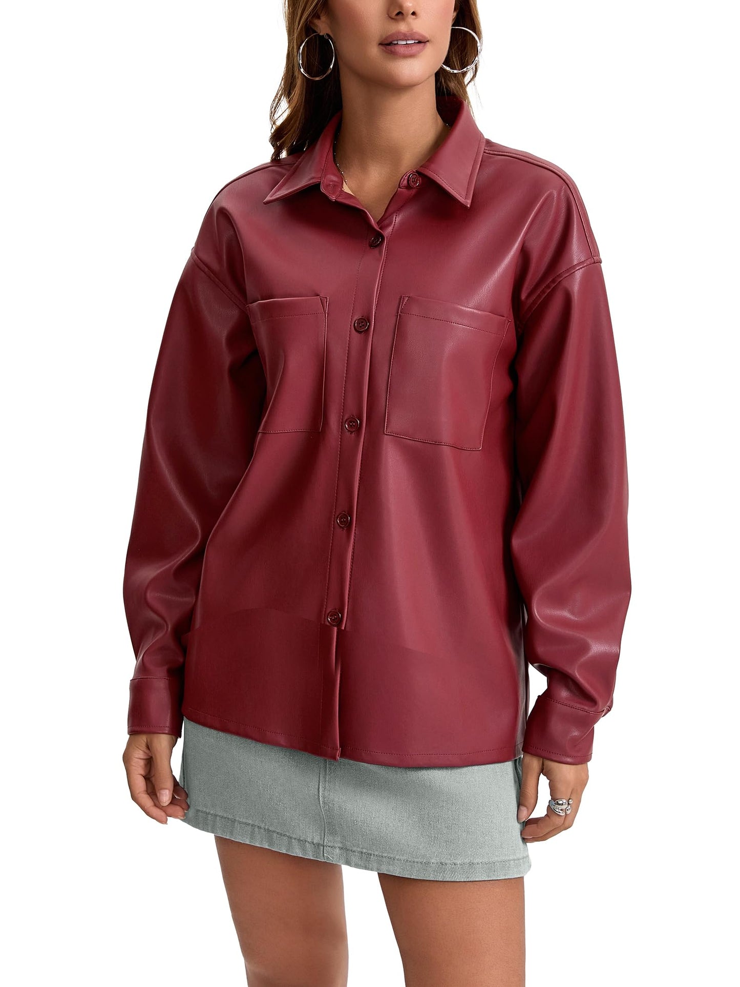 Haianguoji Women's Faux Leather Button-Down Shirt Jacket Lightweight Long Sleeve PU Blouse Shacket Tops (Red, M)