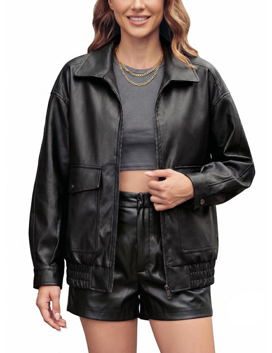 Vanmolrsa Oversize Leather Jacket Women Faux Motorcycle Coats Bomber with Double Pockets,2025 Fall,Winter Fashion Outwear
