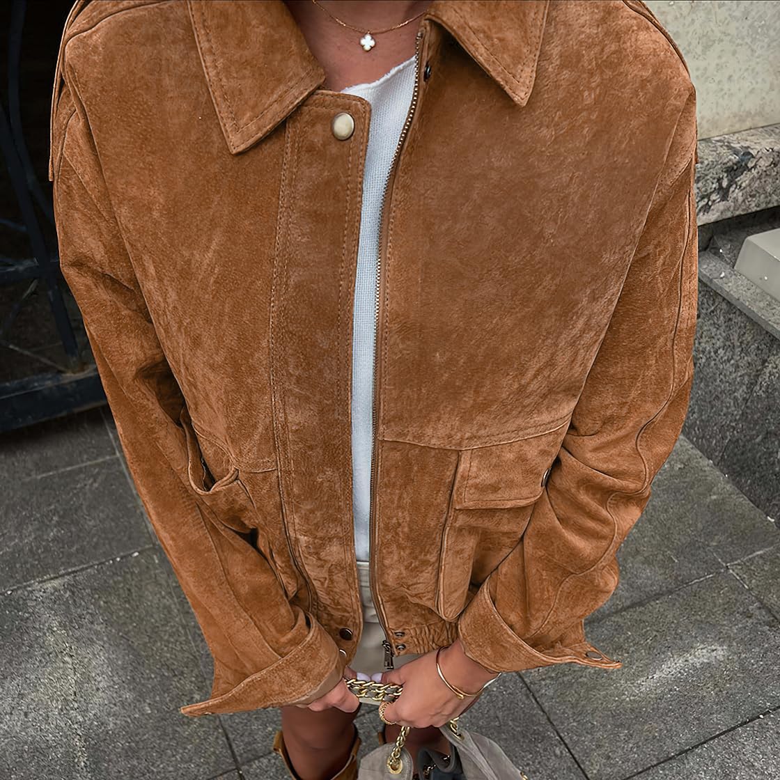 chouyatou Women Vintage Faux Suede Jacket Zip Up Bomber Jacket Lapel Collar Cropped Biker Moto Jacket Coat (X-Large,Brown)
