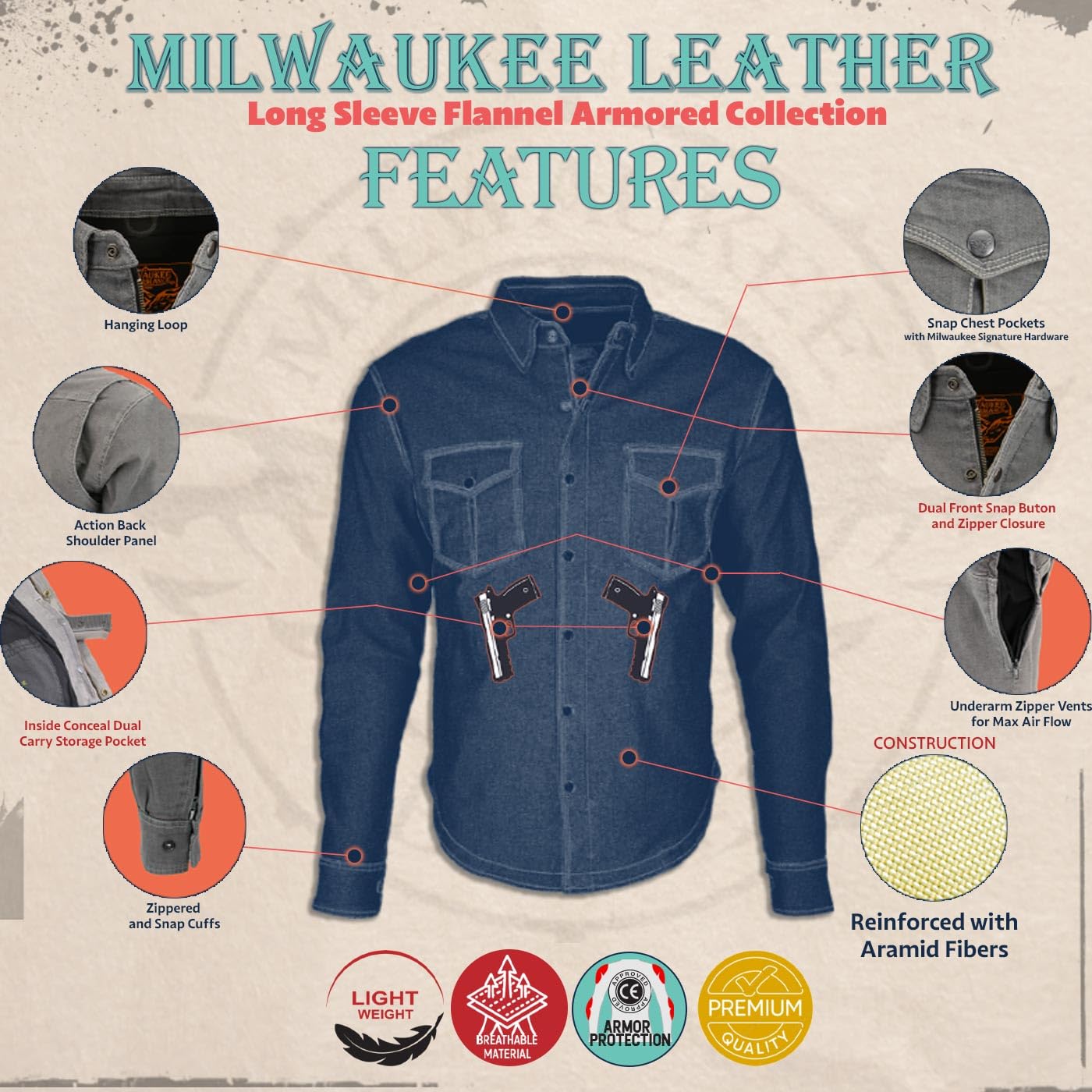 Milwaukee Leather MPM1621 Men's Grey CE Armored Long Sleeve Motorcycle Riders Shirt w/Reinforced w/Aramid Fibers - Large