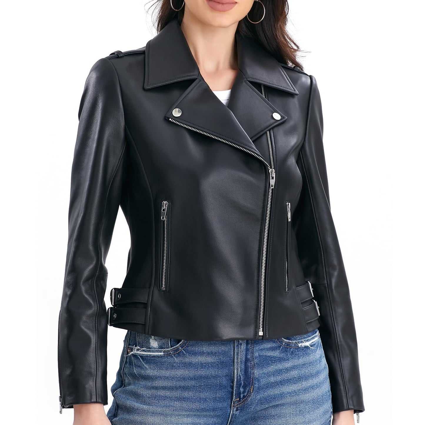 SILVER FASHIONS Asymmetrical Leather Jacket Women,Spring&Fall&Winter Lambskin Moto Outwear(Large,Black)
