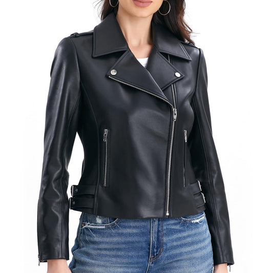 SILVER FASHIONS Asymmetrical Leather Jacket Women,Spring&Fall&Winter Lambskin Moto Outwear(Large,Black)