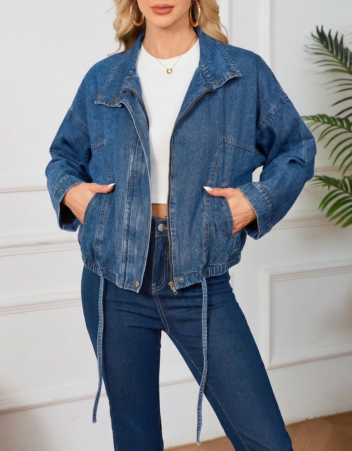 Ladyful Women's Oversized Jean Jacket Boyfriend Denim Bomber Jackets Shacket Long Sleeve Casual Trendy Zip Up Shirt Coat(Blue-XL)