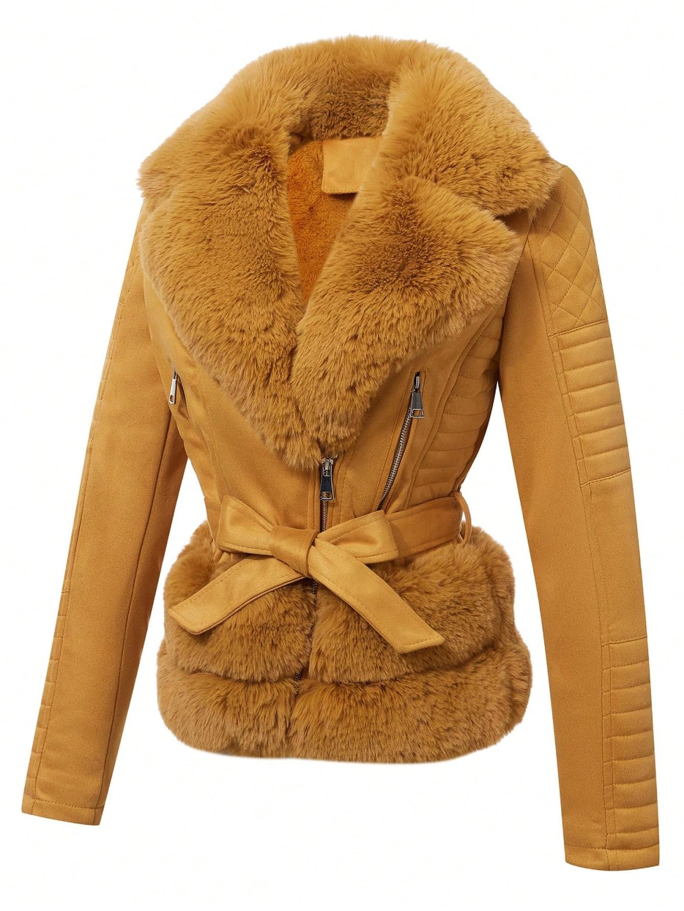 Pallivare Women's Faux Leather Jacket Winter Spring Motorcycle Biker Clothes Outfits Sherpa-Lined Coat with Removable Fur Collar 8831-a Yellow L