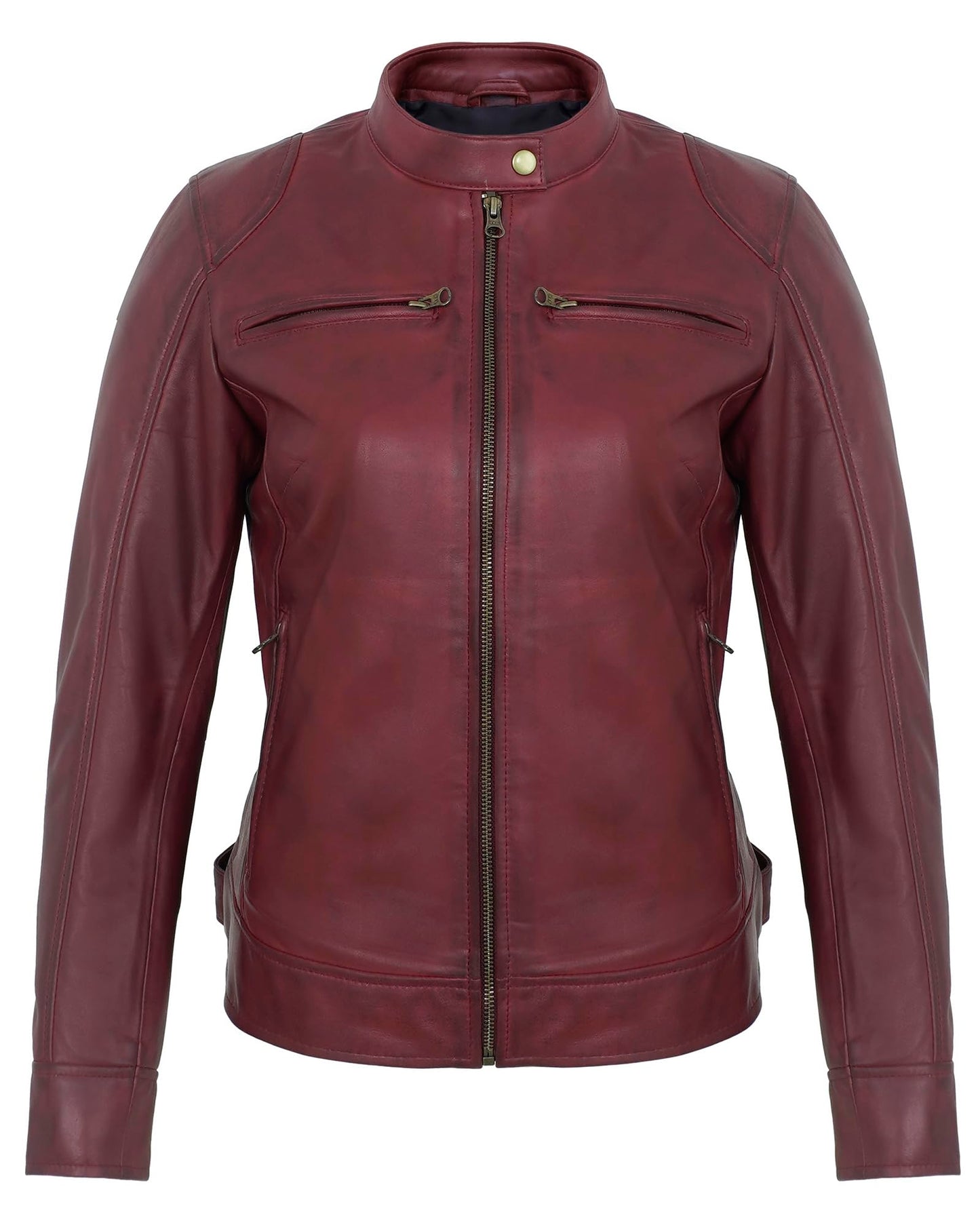 UrbanFocal Maroon Leather Jacket Women - Real Lambskin Biker Leather Jacket Women | [101007903] Maroon Ddge, M