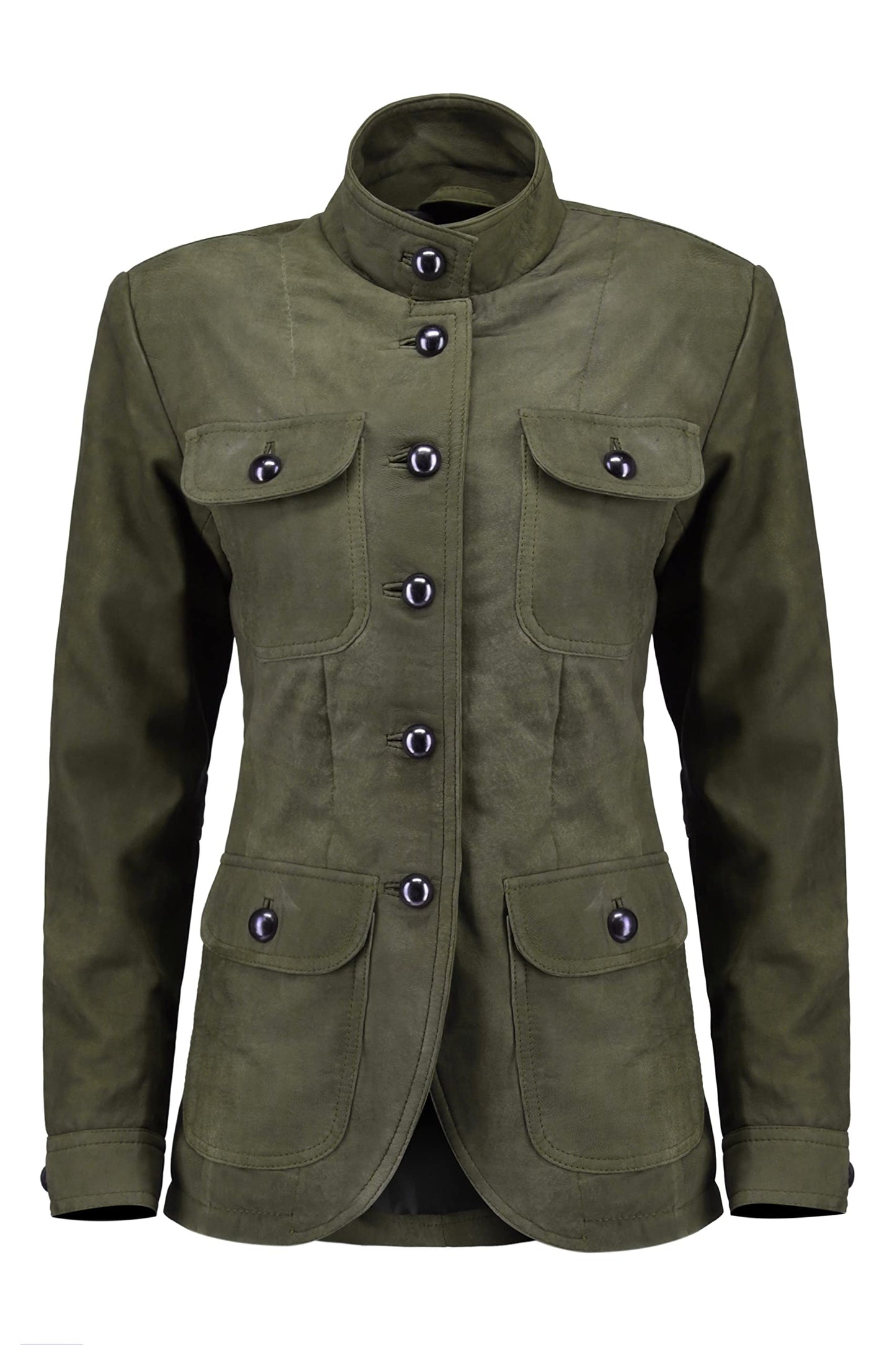 Jild Fancy 5-Button Four Pocket Double Back Slit Leather Blazer Women - Vintage Suede Look Cuff Sleeves Leather Jacket Women (ZC-Green-3XL)
