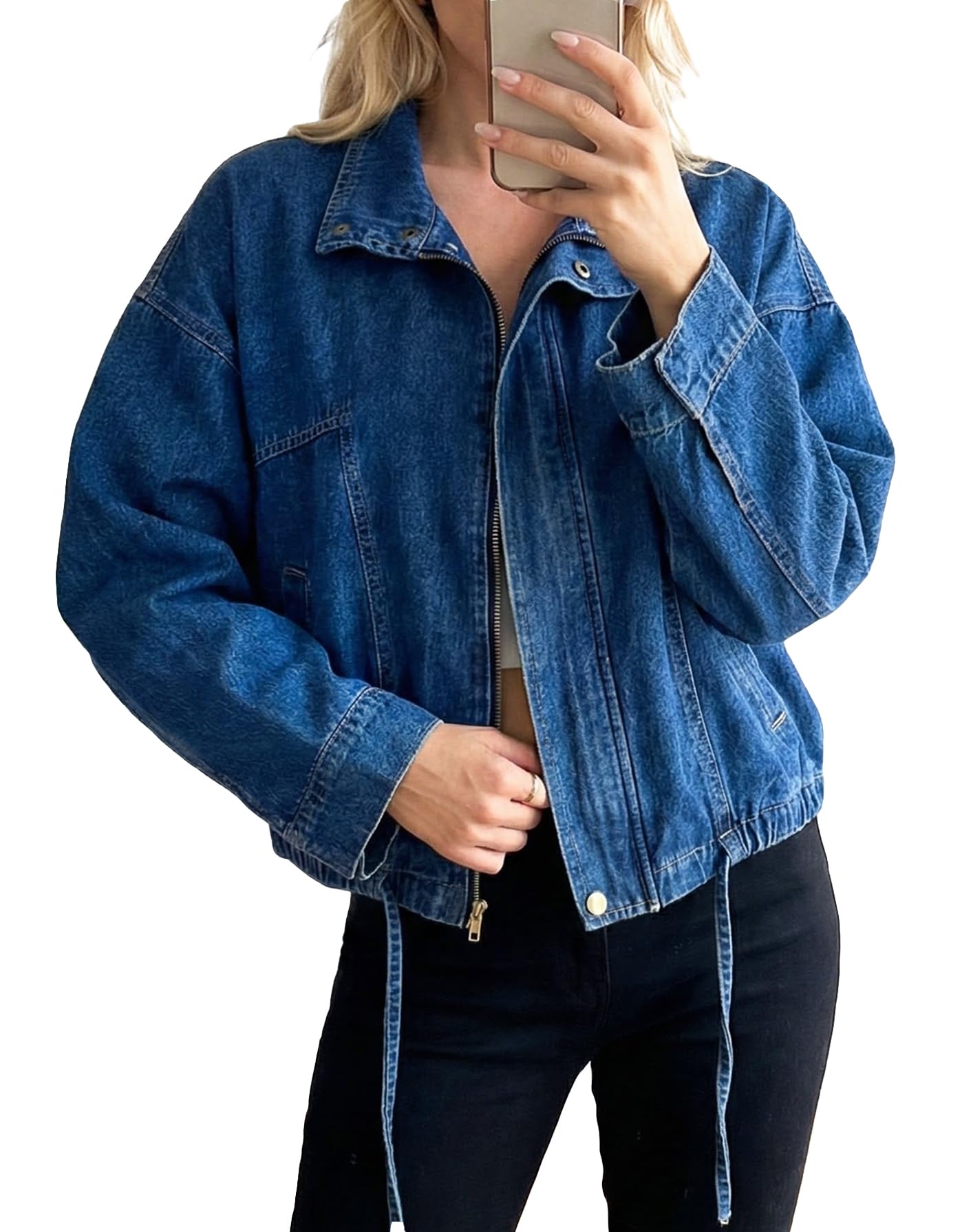 Ladyful Women's Oversized Jean Jacket Boyfriend Denim Bomber Jackets Shacket Long Sleeve Casual Trendy Zip Up Shirt Coat(Blue-XL)