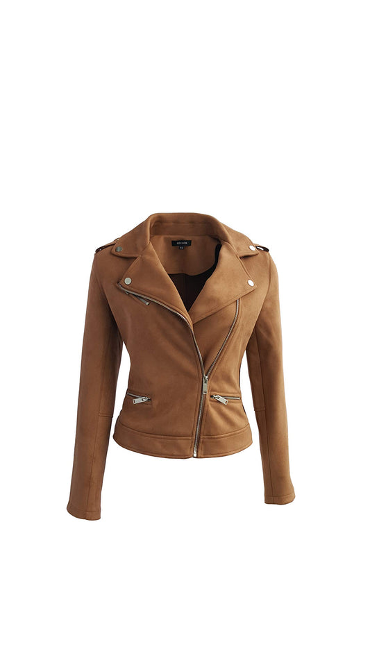 ODCOCD Faux Suede Jacket for Women Long Sleeve Zipper Up Casual Outwear (CA/US, Alpha, Medium, Regular, Regular, Coffee)