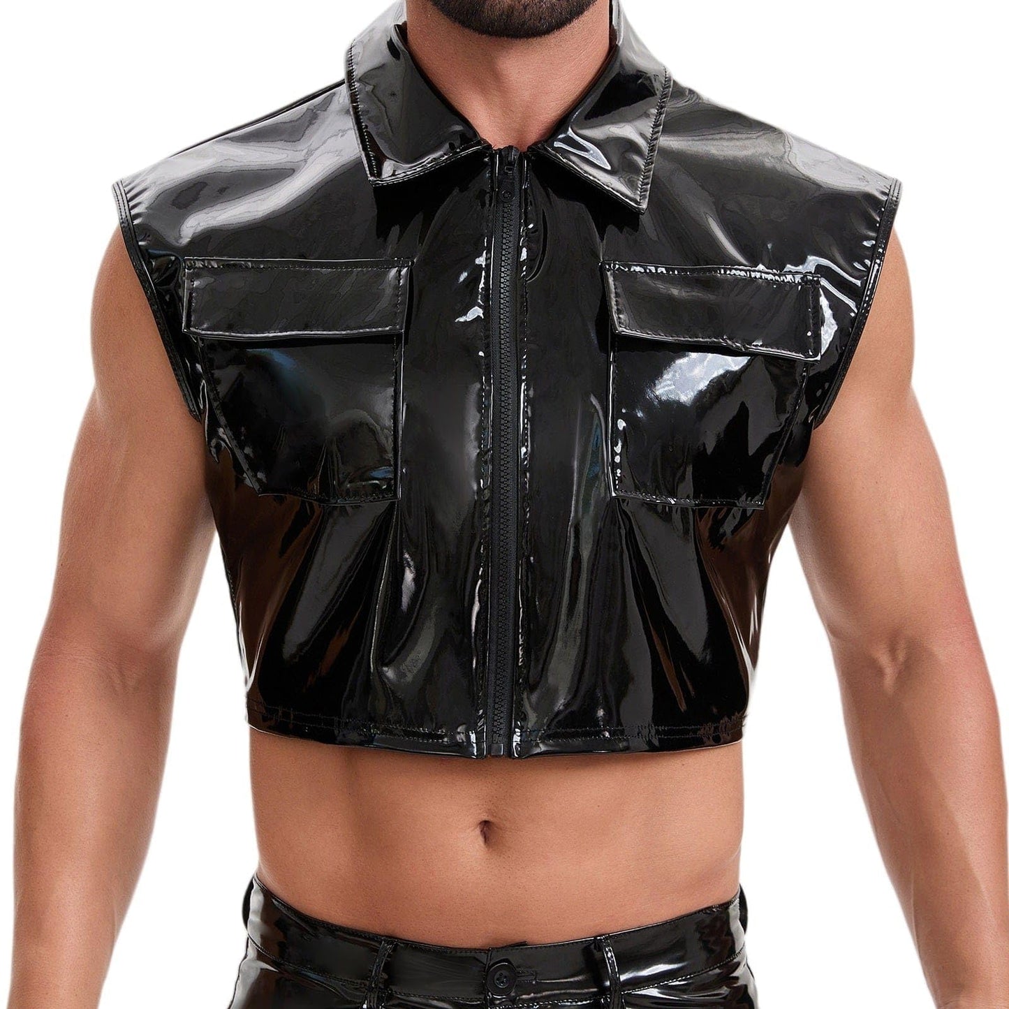 xokesy Mens Glossy Leather Cropped Tops, Sexy Zipper Lapel Shirt Sleeveless, Pocket Half Motorcycle Jacket Clubwear Black