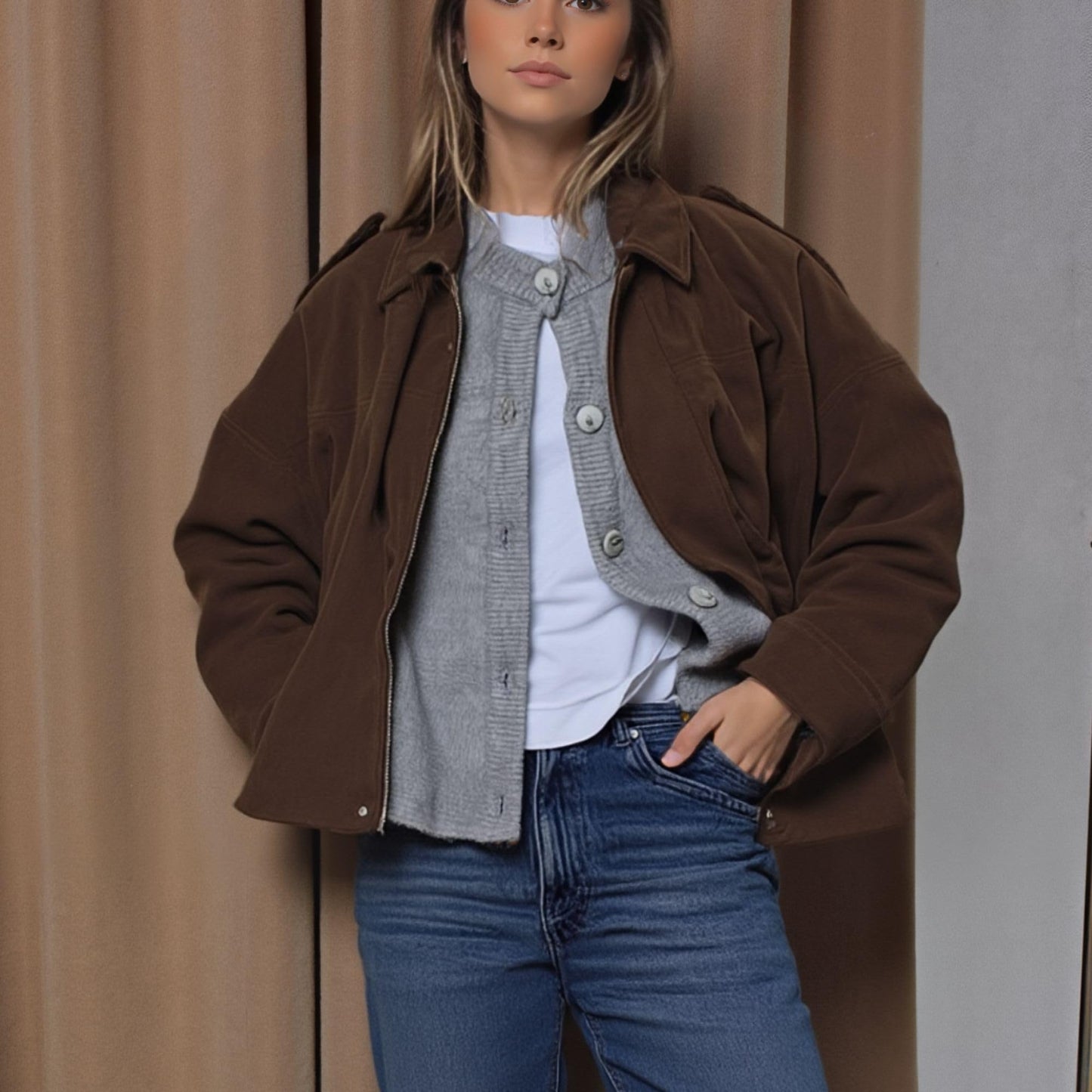 Xunger Women's Faux Suede Bomber Jacket Spring Lapel Pilot Coat Casual Oversized Long Sleeves Trendy Streetwear Outerwear(1026-01BrownPocket-M-RD)