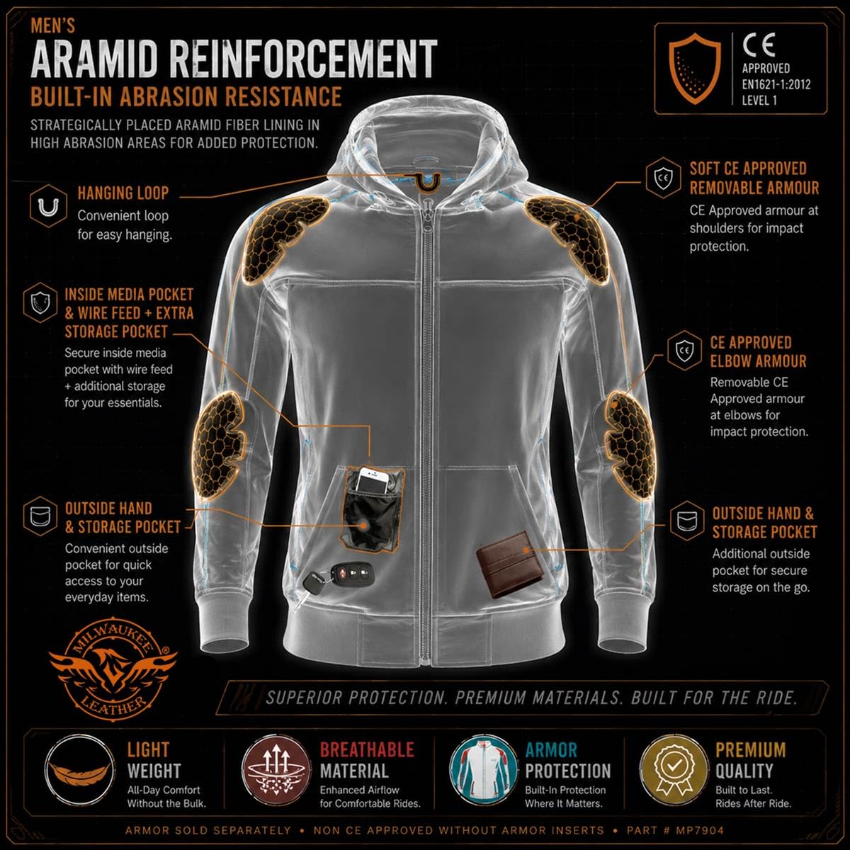 Milwaukee Leather MPM1764 Men's Black Soft Shell CE Armored Motorcycle Racing Style Hoodie Jacket w/Detachable Hood - Large