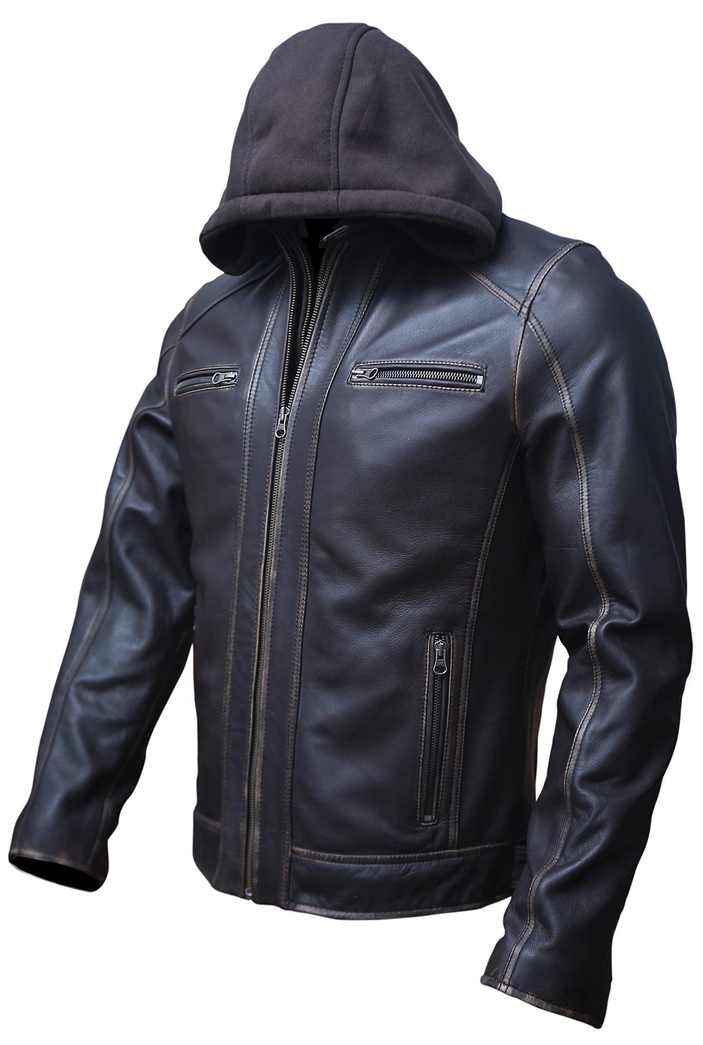 Artistry Mens Genuine Lambskin Leather Motorcycle Jacket with Removable Hood in Black Brown (Large, Distressed Brown)