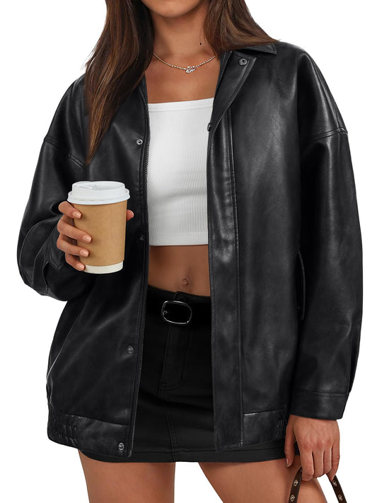 Trendy Queen Women Oversized Faux Leather Jackets Textured Bomber Zip Coats