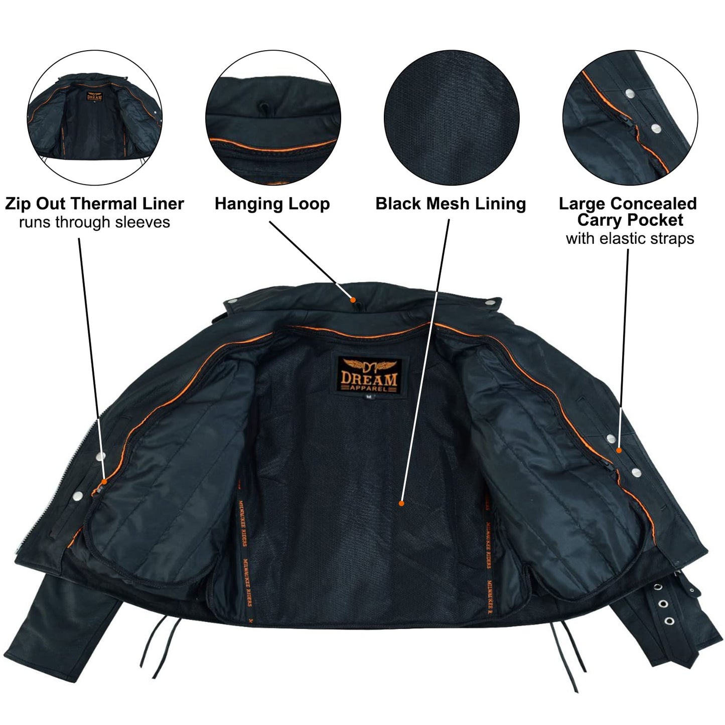 Dream Apparel Women’s Classic Leather Motorcycle Jacket with Zip Out Lining, Biker Jacket for Ladies with Side Laces (Black, Size M)