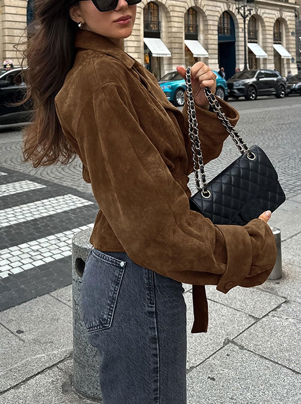 CHARTOU Faux Suede Leather Jacket 2025 Vintage Casual Cropped Wrap Coat with Belt (Large,Brown)