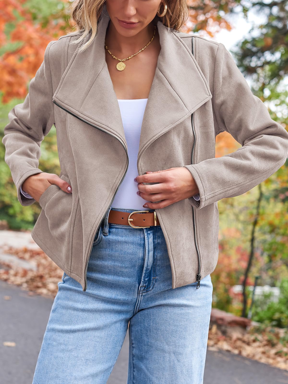 AUTOMET Women's Faux Suede Leather Jacket Cropped Open Front Cardigan Buttery Soft Lightweight Fall Coat Apricot S