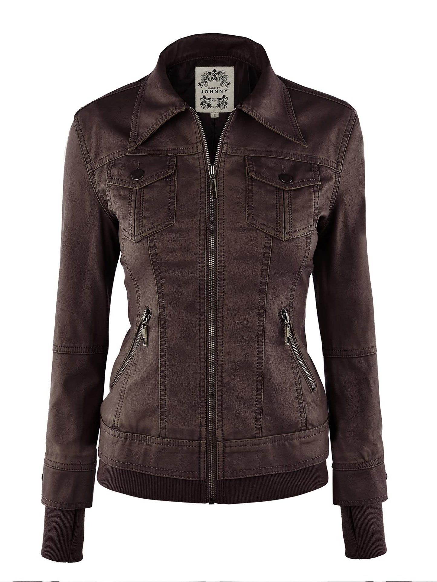Made By Johnny MBJ WJC664 Womens Faux Leather Jacket with Hoodie XXL Coffee
