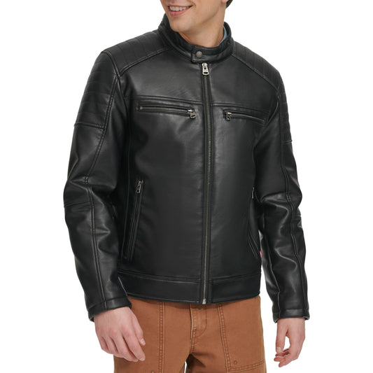 Levi's Men's Faux Leather Hooded Racer Jacket, Black Quilt Lined, Large