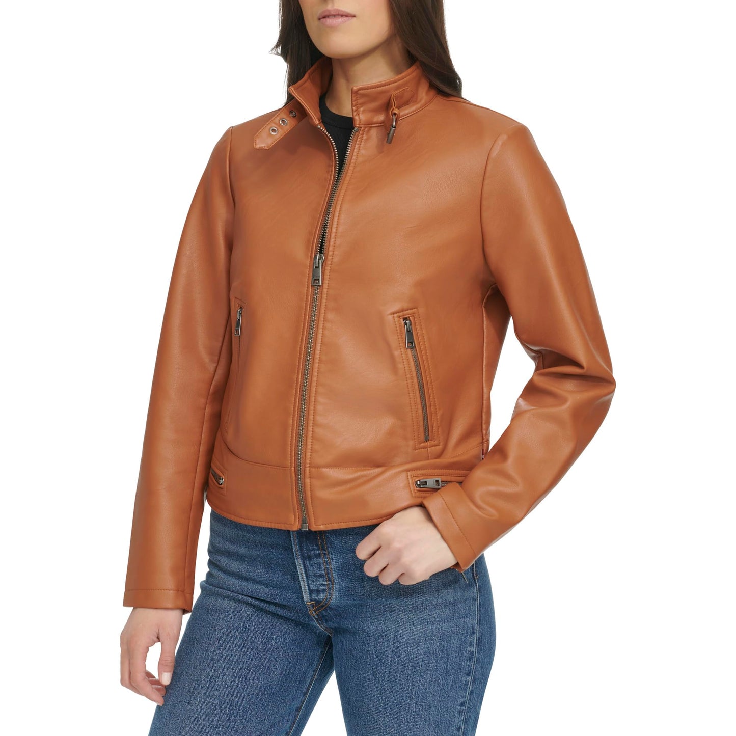 Levi's Women's Faux Leather Motocross Racer Jacket (Standard and Plus), Mocha Latch Collar, Large