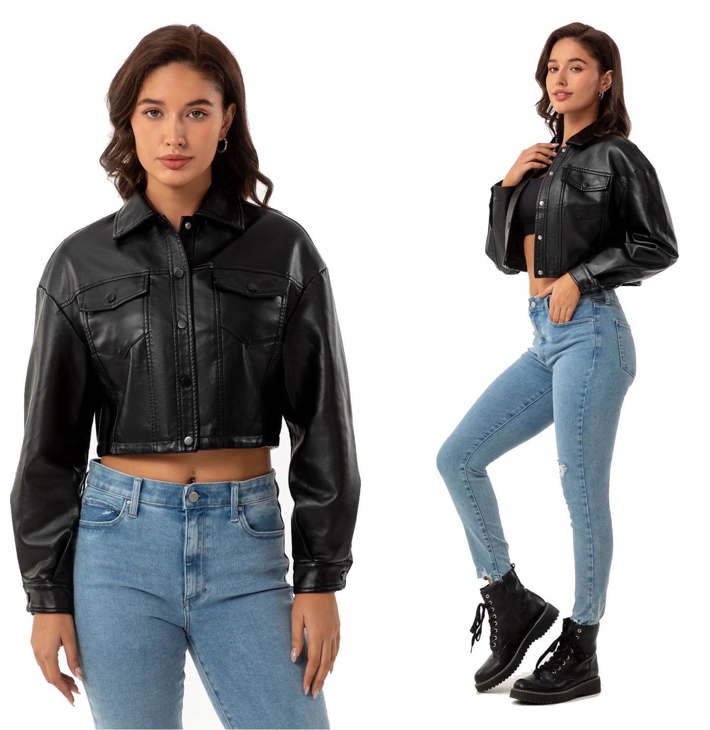 CHIGUO Women Faux Leather Cropped Jacket Trendy Moto Biker Short Jacket Fashion PU Coat Party Jacket