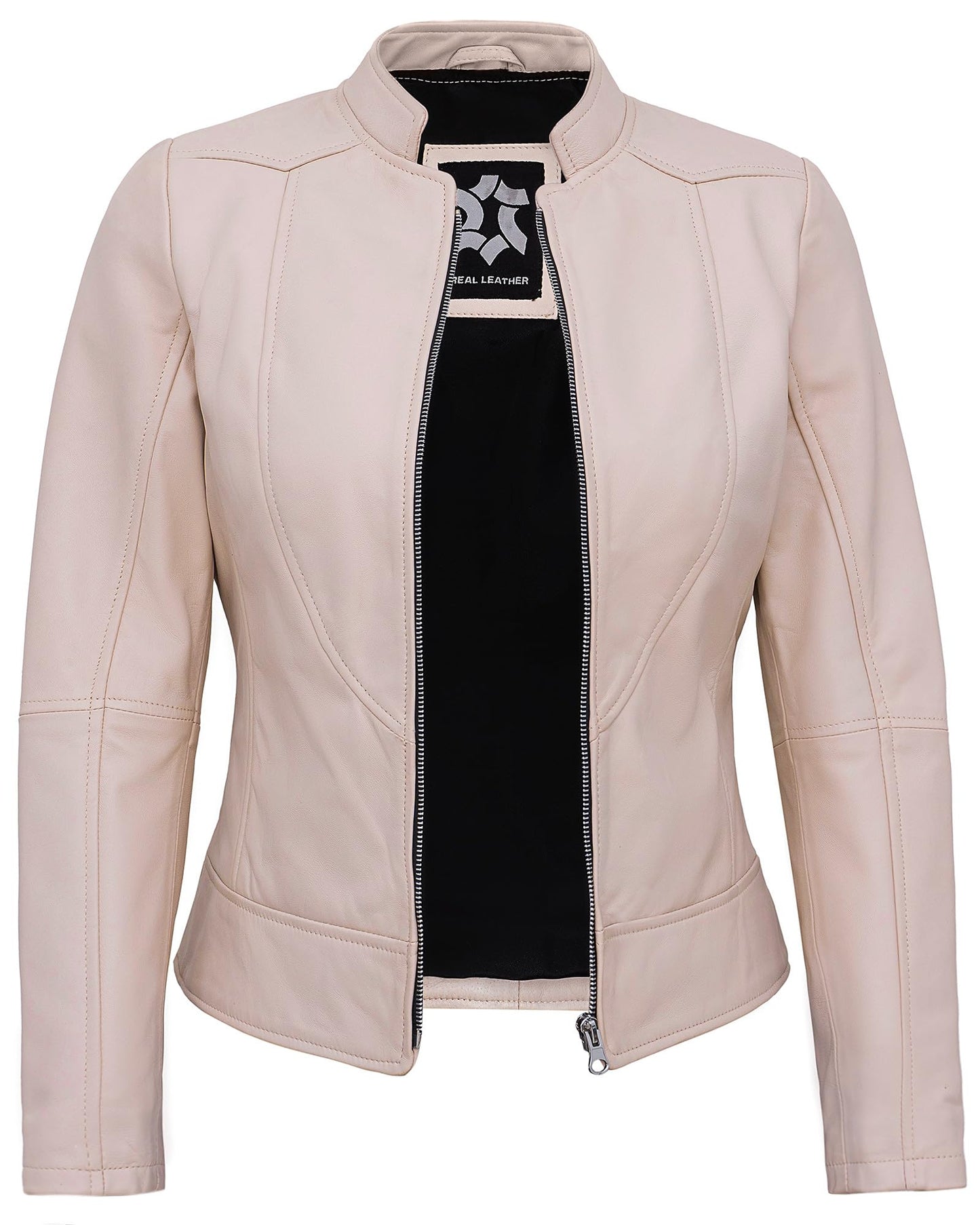 UrbanFocal Beige Leather Jacket For Women - Real Lambskin Cafe Racer Womens Leather Jackets | [101007604] Beige Amy, L