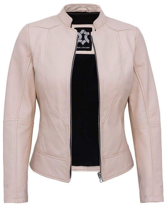 UrbanFocal Beige Leather Jacket For Women - Real Lambskin Cafe Racer Womens Leather Jackets | [101007604] Beige Amy, L