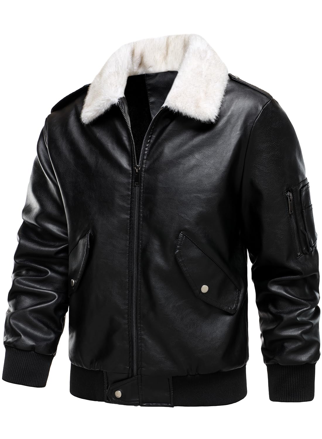 HOOD CREW Men’s Faux Leather Aviator Bomber Jacket with Fur Collar Warm Fleece Lined Biker Jackets Vintage Winter Coats Black L