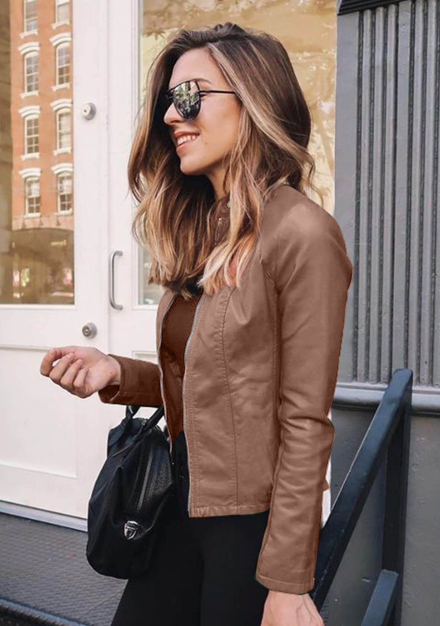 BOFETA Zipper Up Faux Slim Coat For Women Long Sleeve Stand Collar Jacket Khaki M