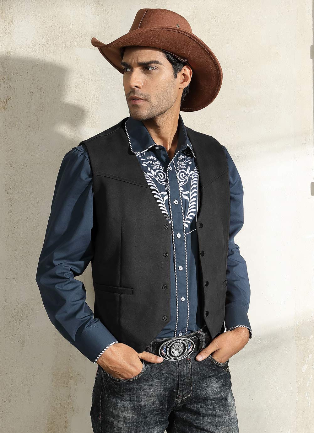 PJ PAUL JONES Men's Suede Leather Suit Vests Slim Fit V-Neck Western Cowboy Vest Jacket Waistcoat for Wedding