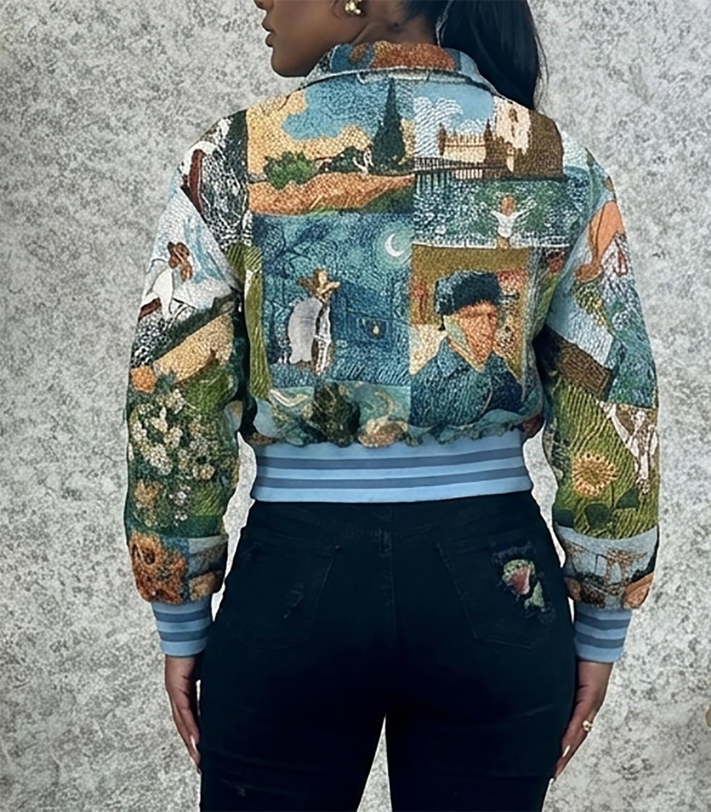 KANSOON Varsity Jacket Women Bomber Textured Floral Cropped Jackets Letterman Snap Buttons Long Sleeves Coats Green XXL