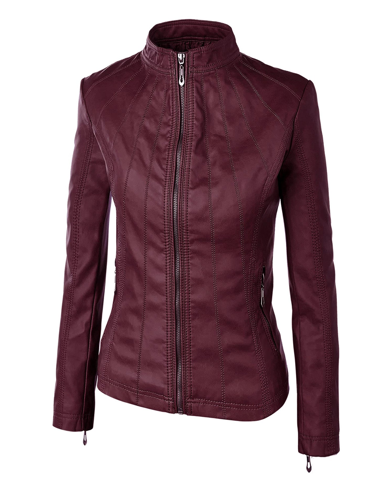 Lock and Love LL WJC877 Womens Panelled Faux Leather Moto Jacket M Wine