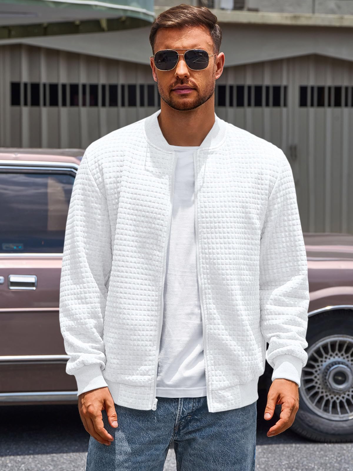 Runcati Mens Bomber Jacket Casual Lightweight Varsity Jackets Waffle Coat