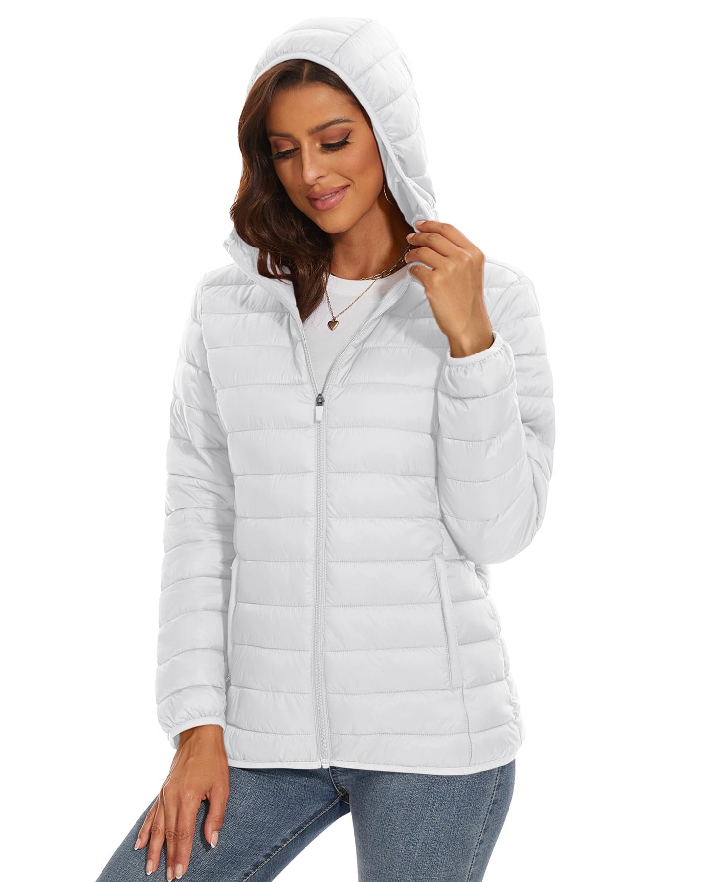 MAGCOMSEN Puffer Jacket for Women with Hood Lightweight Quilted Padded Jacket 4 Pockets Full Zip Long Sleeve Coat, White L