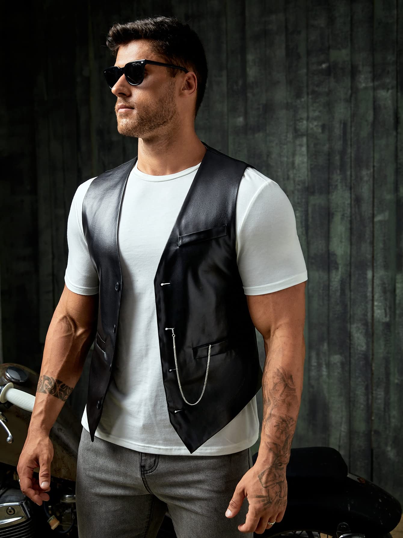 Verdusa Men's PU Leather Sleeveless Motorcycle Biker Vest Jacket Black L