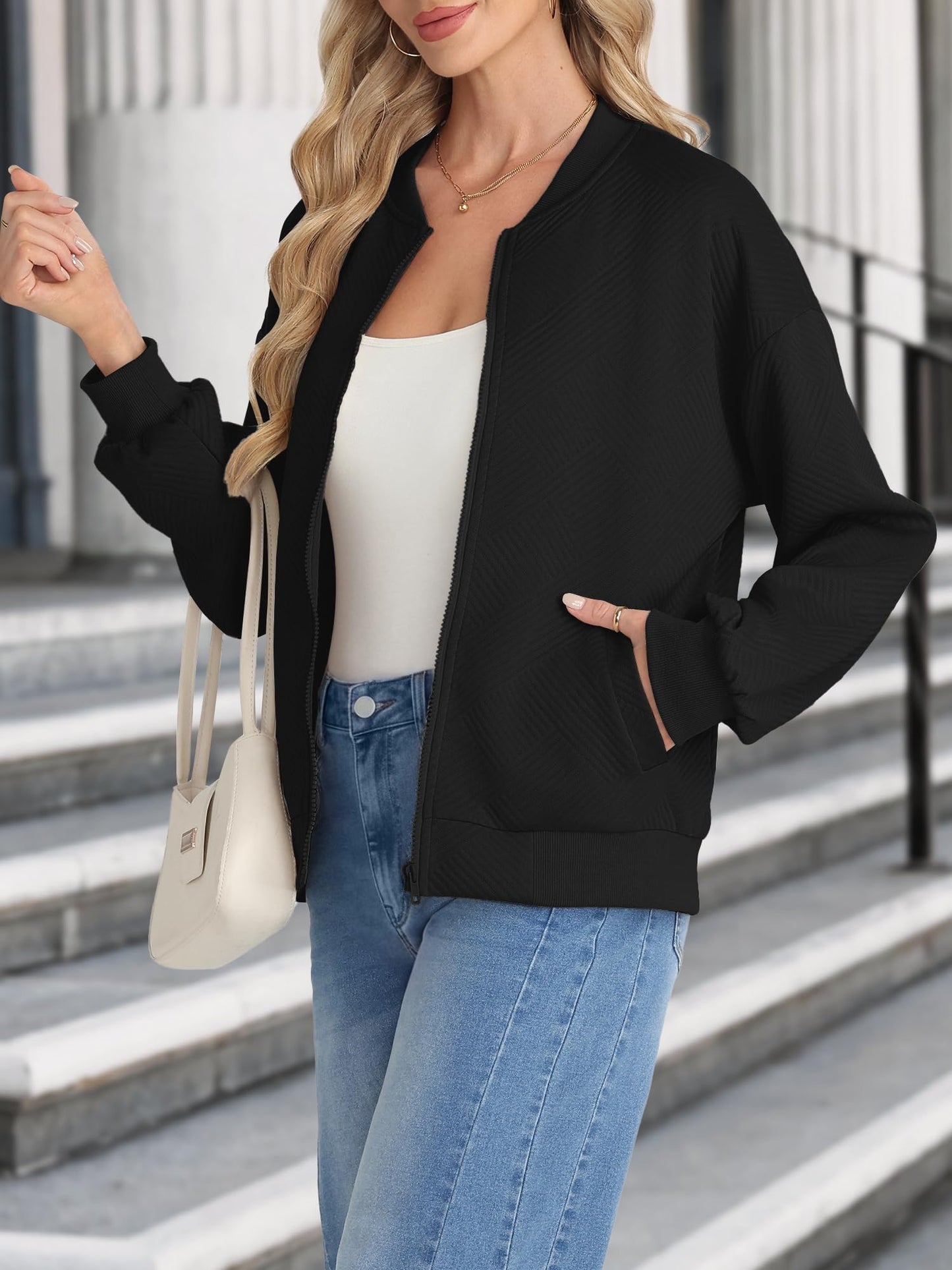 Bellcoco Women Zip Up Bomber Jacket Casual Lightweight Coat