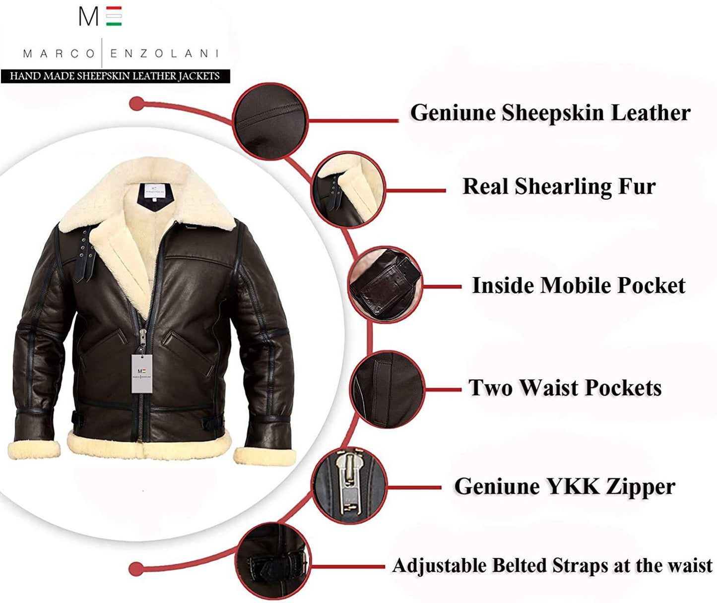 MARCO ENZOLANI B3 Bomber Jacket Aviator Real Shearling B3 Bomber Jacket Winter (Brown, s)