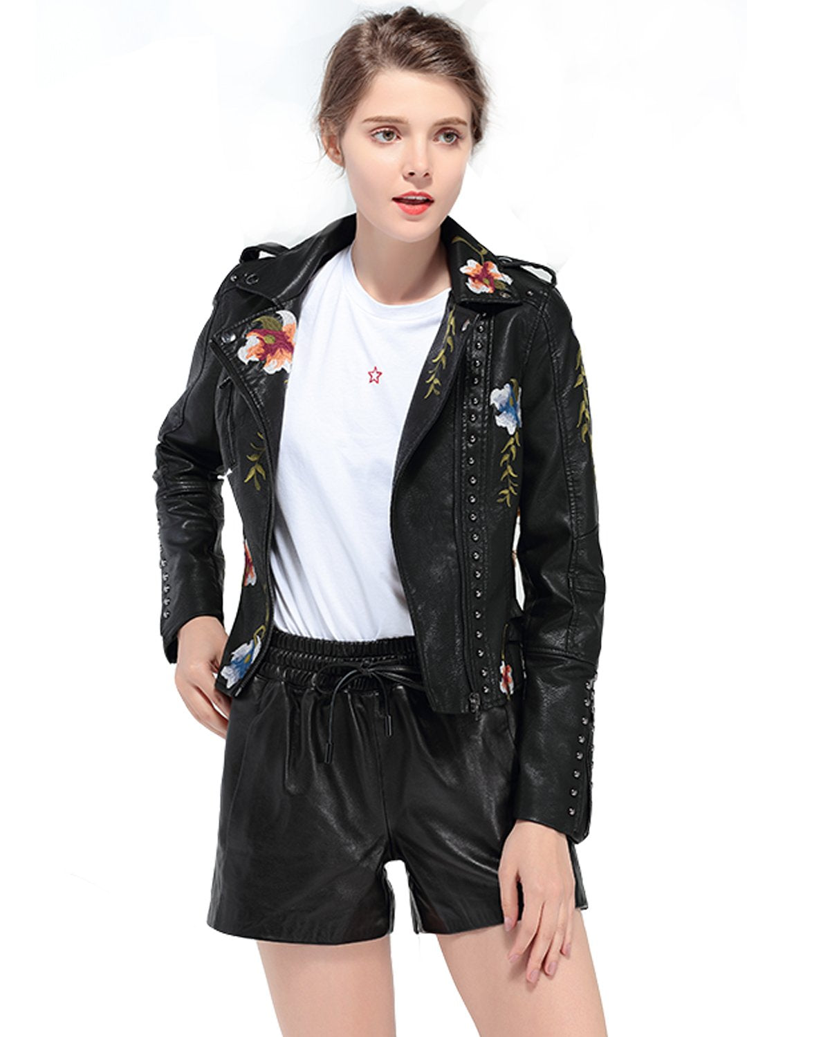 LY VAREY LIN Women's Floral Embroidered Faux Leather Moto PU Jacket Coat (L, Black)