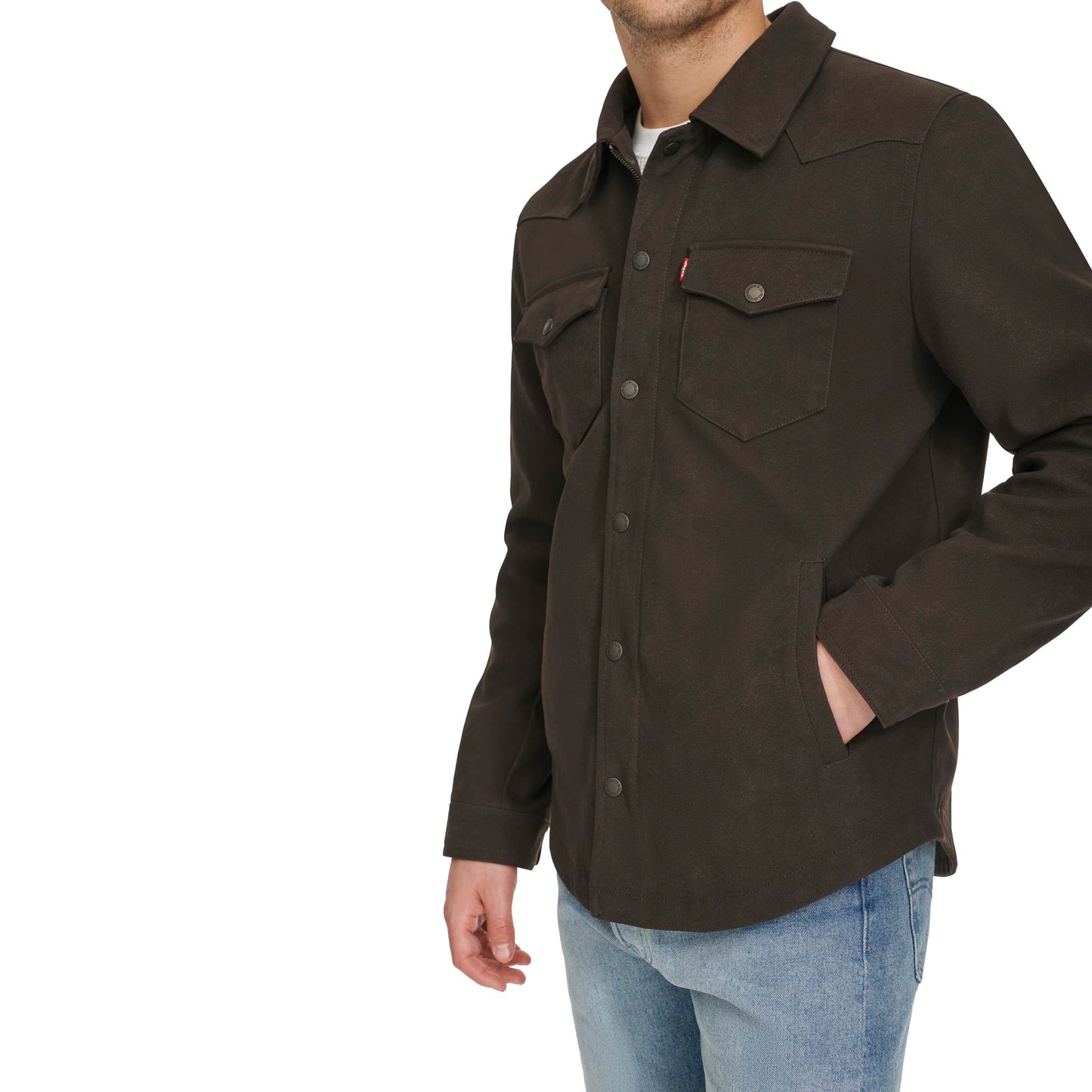 Levi's Men's Leather Shirt Jacket, New Dark Brown Faux Suede, Large