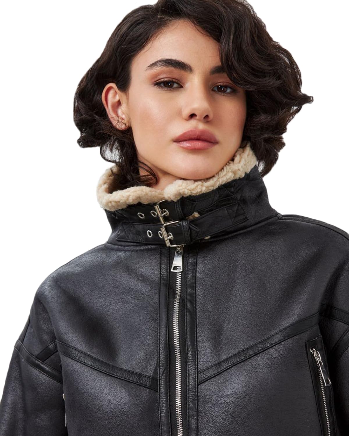 LY VAREY LIN Winter Women Faux Lamb Fur Leather Short Jacket Lapel Zipper Bomber Aviator Coat