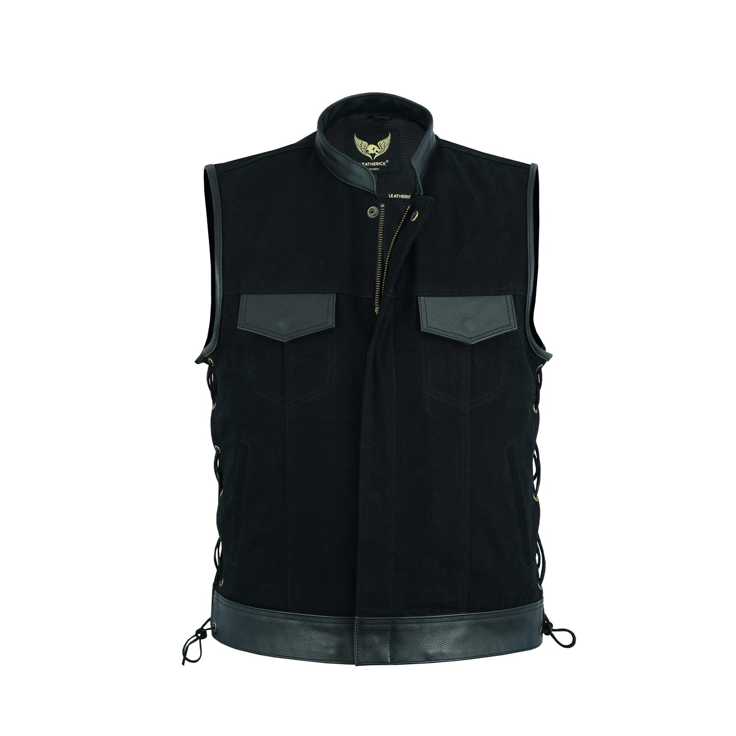 Leatherick Mens Side Lace Black Denim Vest with Leather Trims for Motorcycle Bikers (XL)