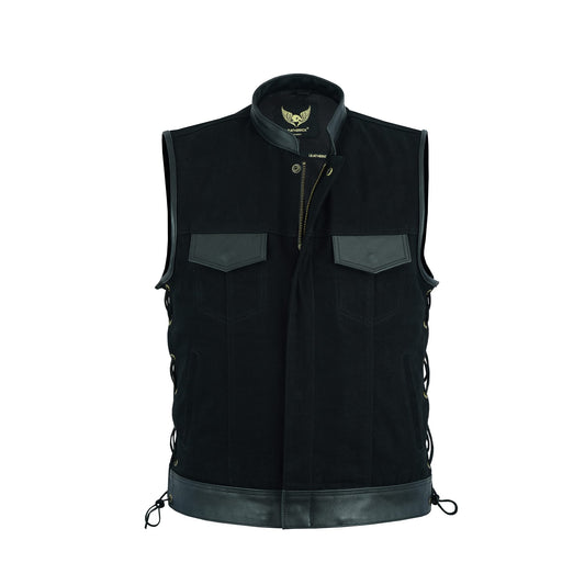 Leatherick Mens Side Lace Black Denim Vest with Leather Trims for Motorcycle Bikers (XL)