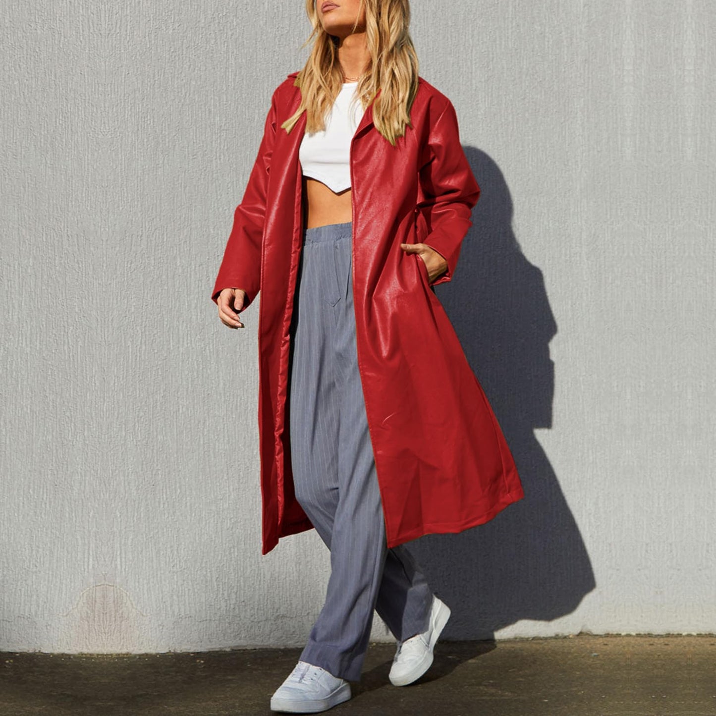 chouyatou Women's Casual Lapel Open Front Pu Faux Leather Long Trench Coat with Belt (Medium, Red)