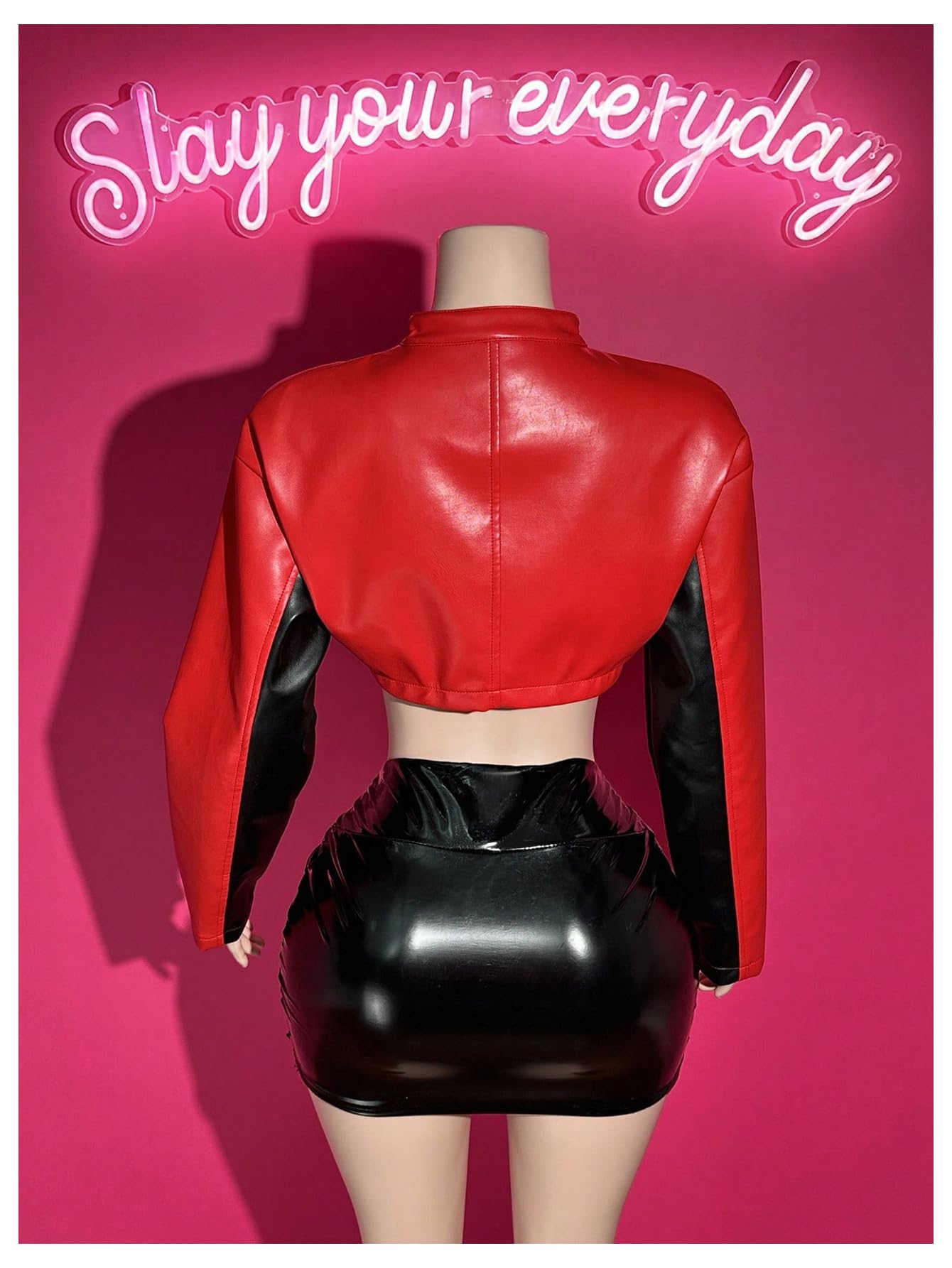 GORGLITTER Women's PU Leather Cropped Jacket F1 Racer Varsity Jacket Zip Up Color Block Graphic Motorcycle Biker Coats Red Large