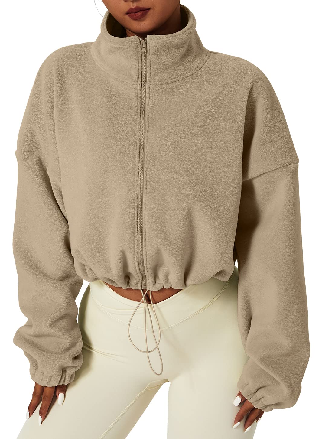 QINSEN Thick Fleece Sweatshirt Full Zip Stand Collar Winter Crop Coat Long Sleeve Baggy Bomber Jacket Camel M