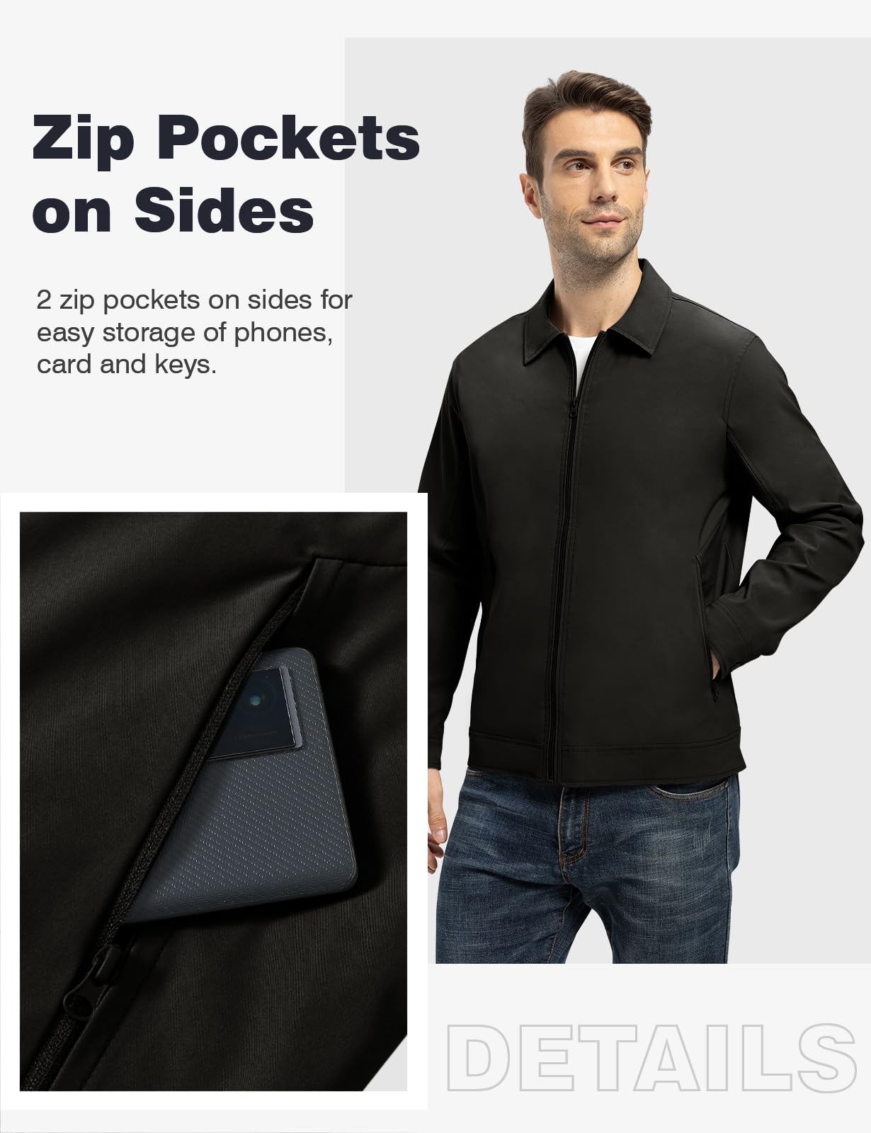 TBMPOY Men's Lightweight Jackets Casual Windbreaker Stylish Light Fall Spring Golf Work Dress Business Black L