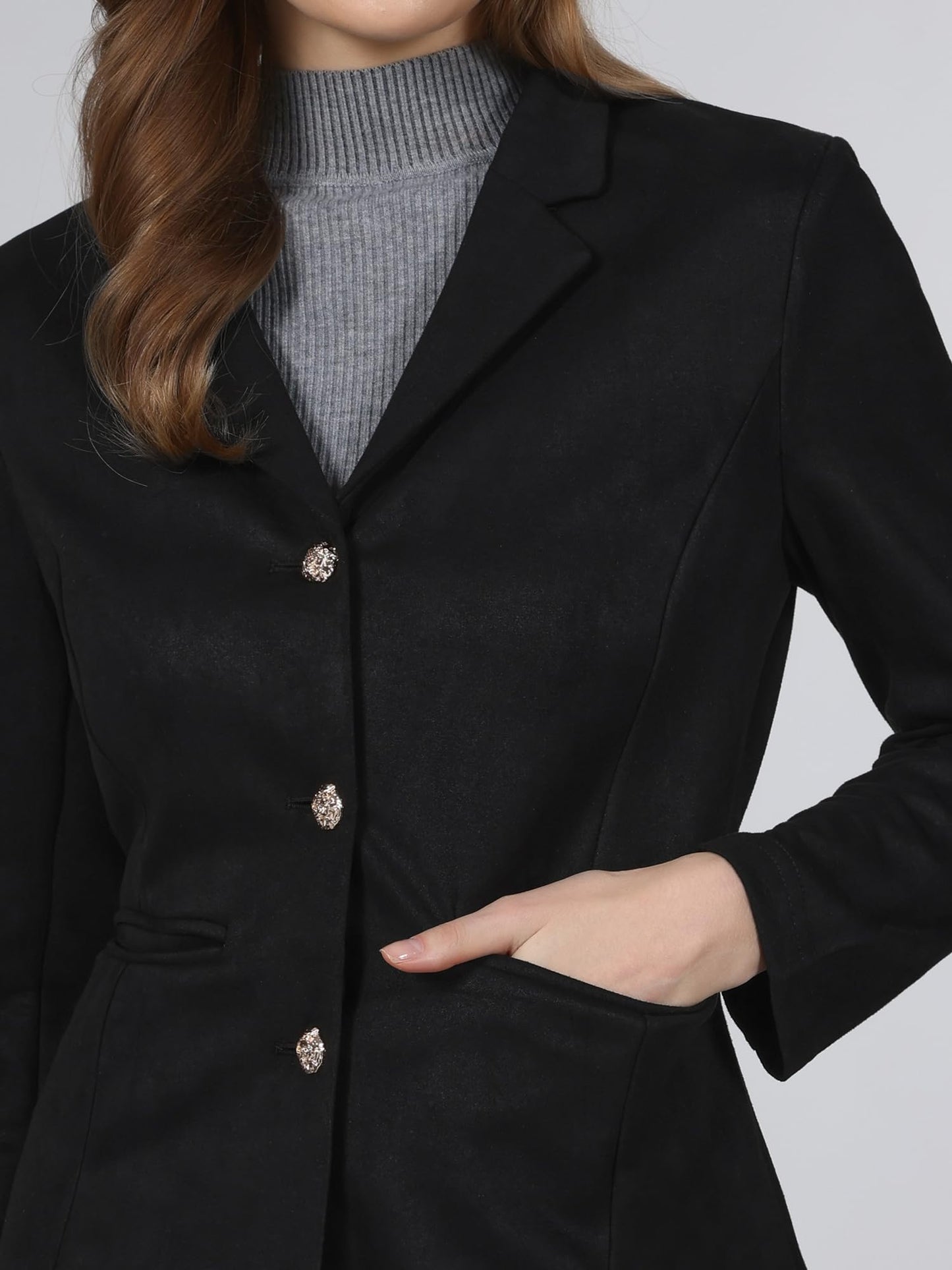 Hobemty Women Casual Faux Suede Lapel Collar Long Sleeve Blazer Black