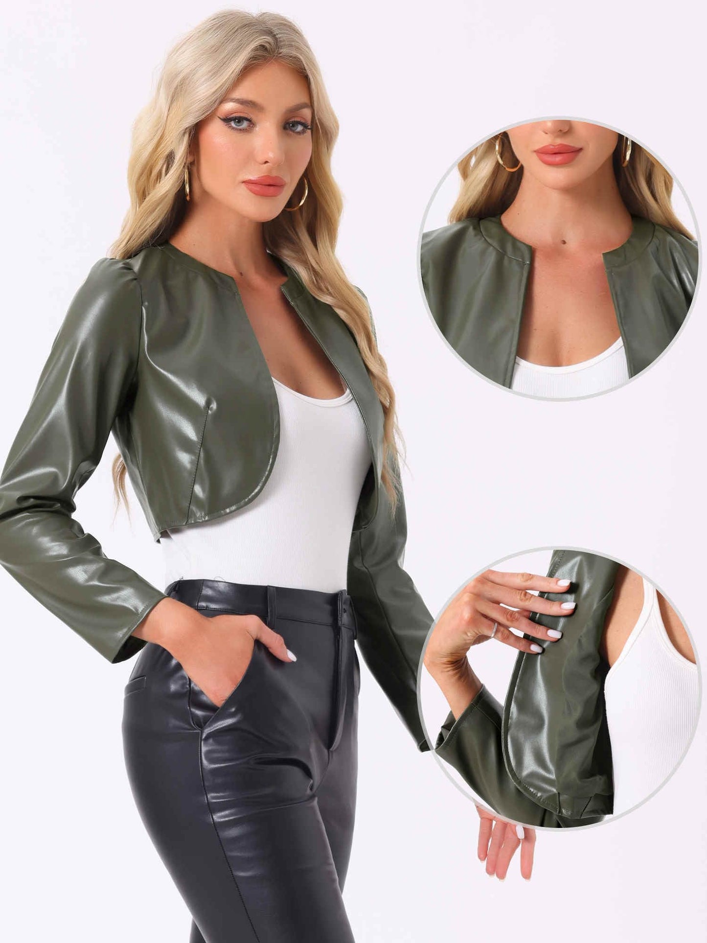 Allegra K Faux Leather Jacket for Women's Open Front Long Sleeve PU Cropped Leather Jacket Coat X-Small Army Green