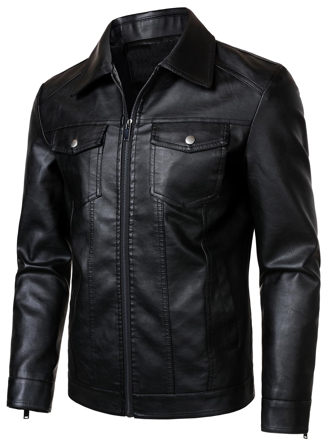 HOOD CREW Mens Leather Jacket Motorcycle Biker Jackets Casual Lightweight Faux Leather Outwear Black M