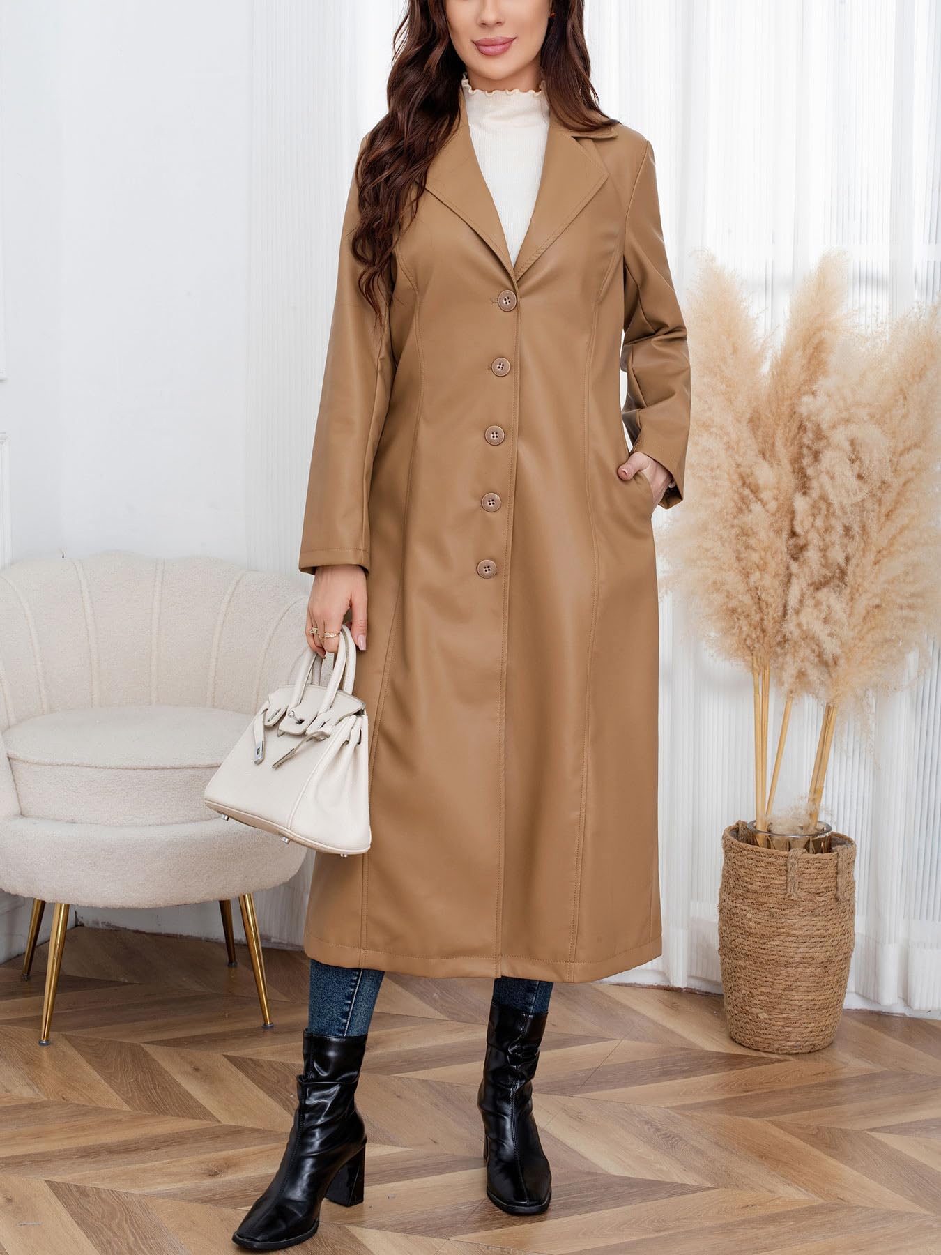 utcoco Womens Faux Leather Trench Coat Classic Lapel Button Down Maxi Jacket 2025 Stylish Overcoat (Small, Brown)